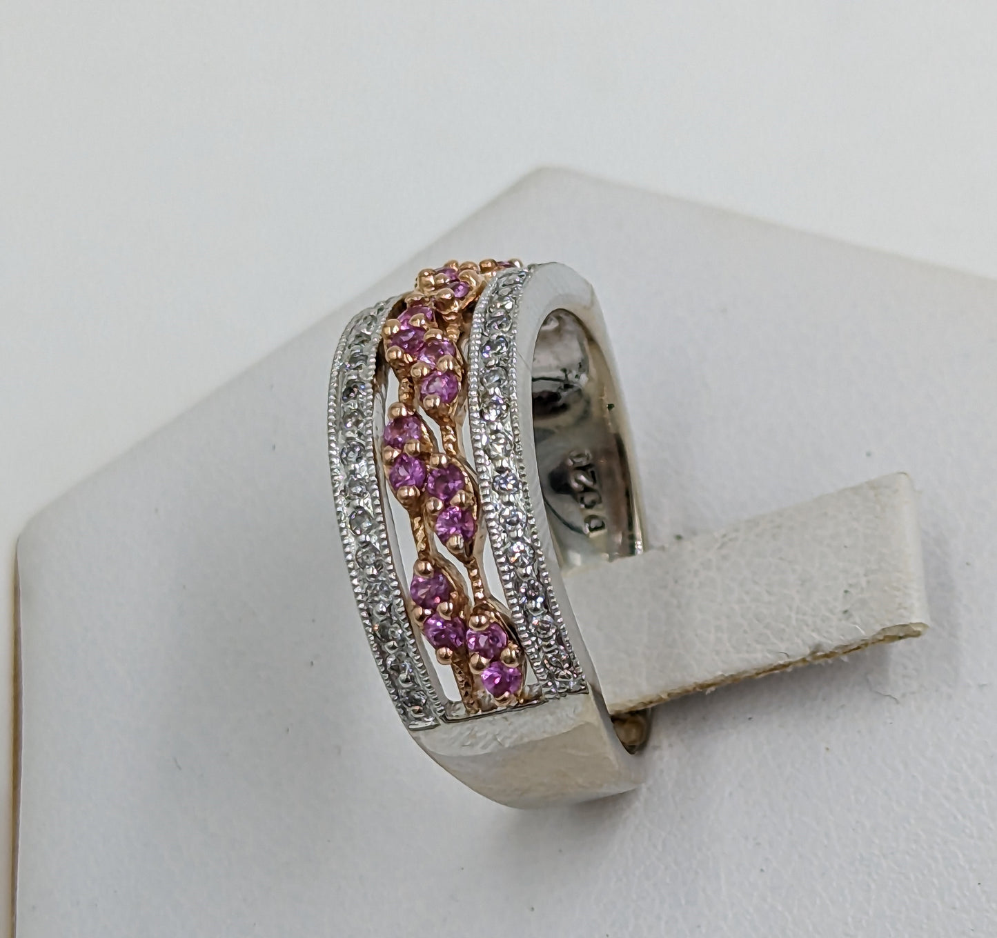 14Kt White Gold Ring with Pink Sapphires and Diamonds