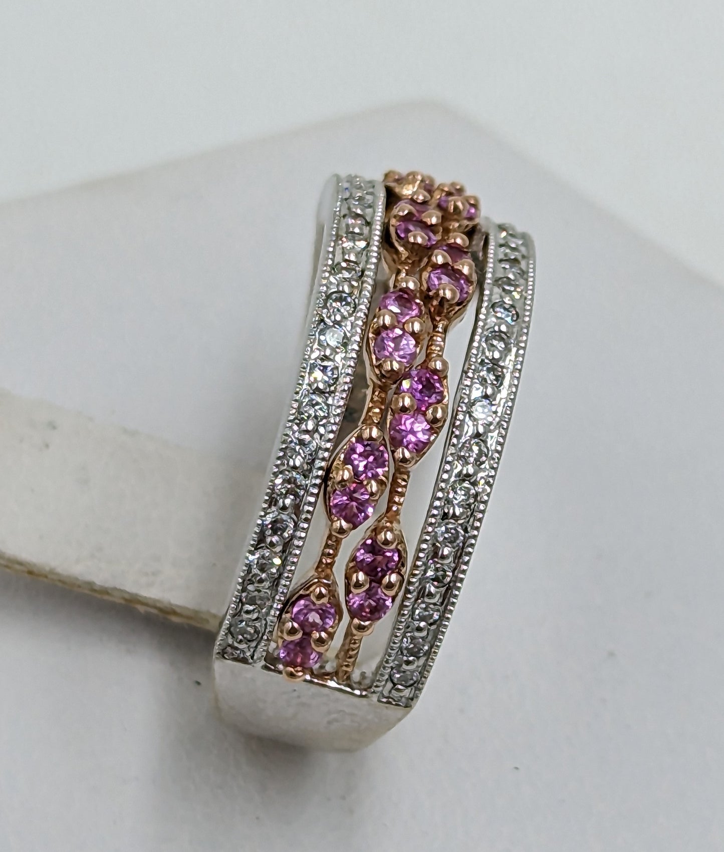 14Kt White Gold Ring with Pink Sapphires and Diamonds