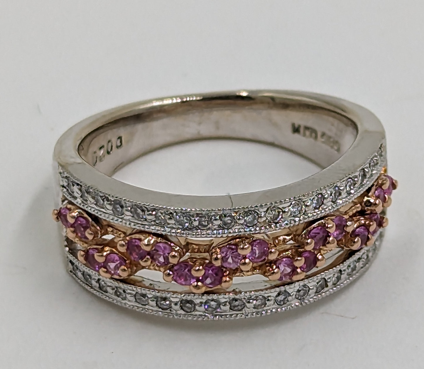 14Kt White Gold Ring with Pink Sapphires and Diamonds